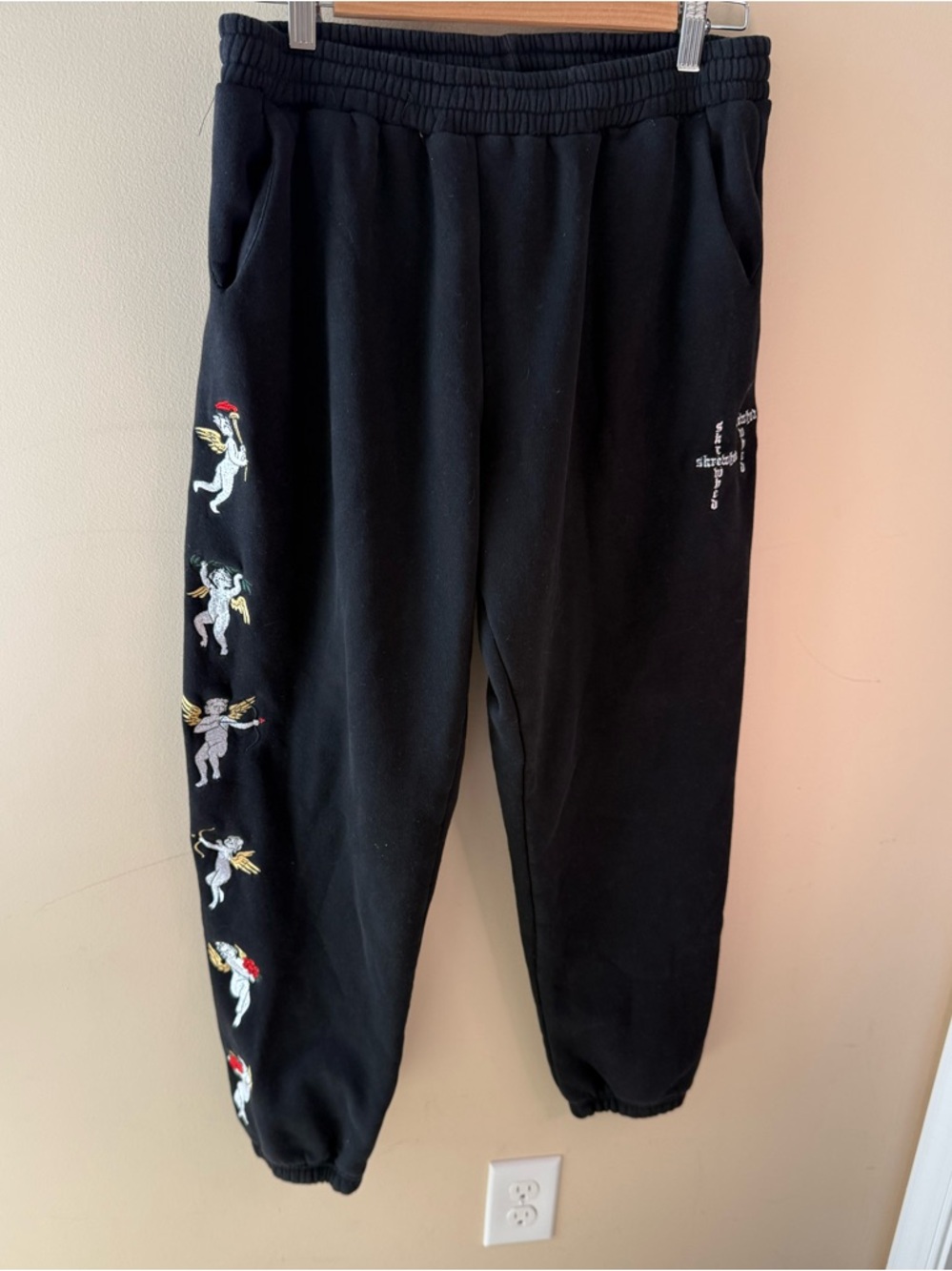 Sweatpants Black angel Cupid cross Graphic screwed Joggers womens size M L